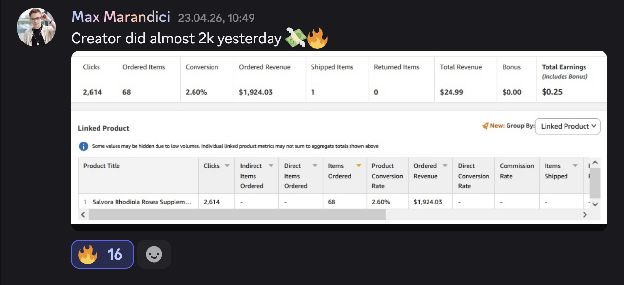 almost $2k yesterday — supplement affiliate